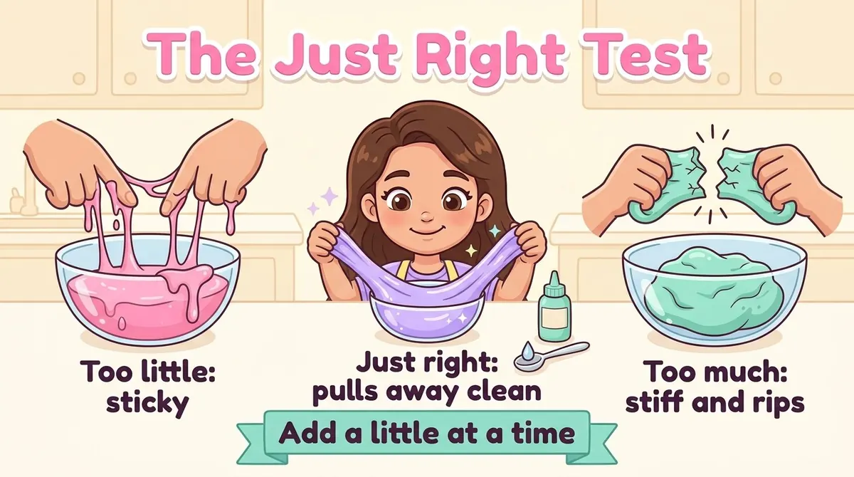 The Just Right Test: too little activator is sticky, just right pulls away clean, too much is stiff and rips. Add a little at a time.