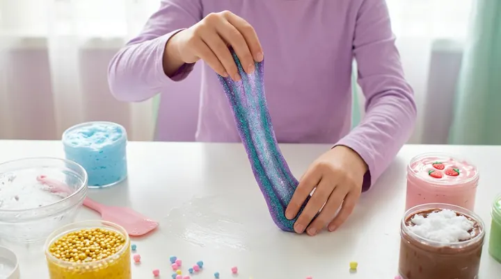 Hands stretching a long ribbon of glittery violet and teal slime above jars of slime