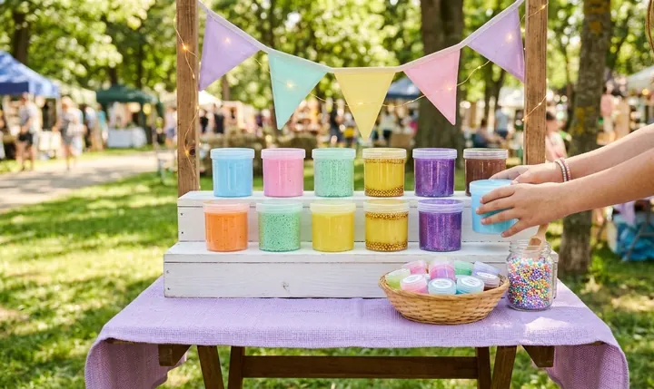 Rows of colorful slime jars on a lilac table at an outdoor market