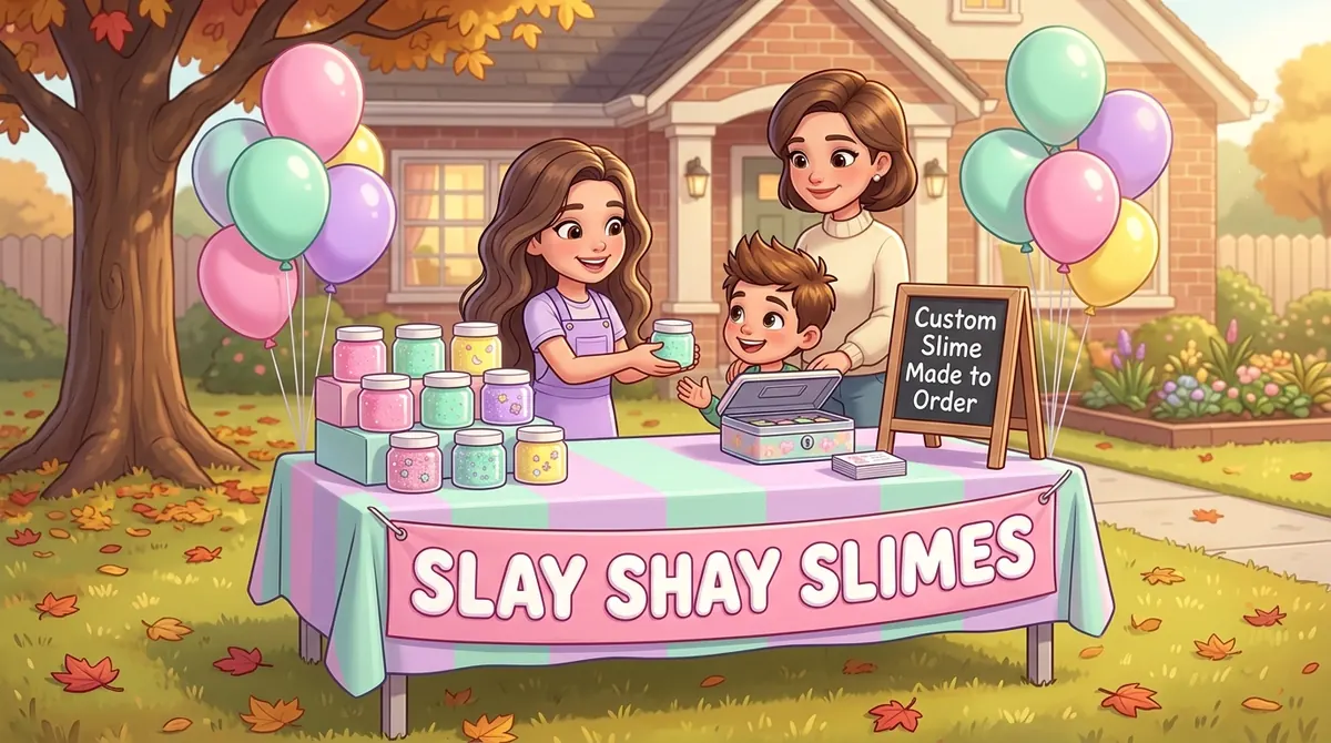 Illustration of a Slay Shay Slimes table with pastel jars and a sign that says Custom Slime Made to Order