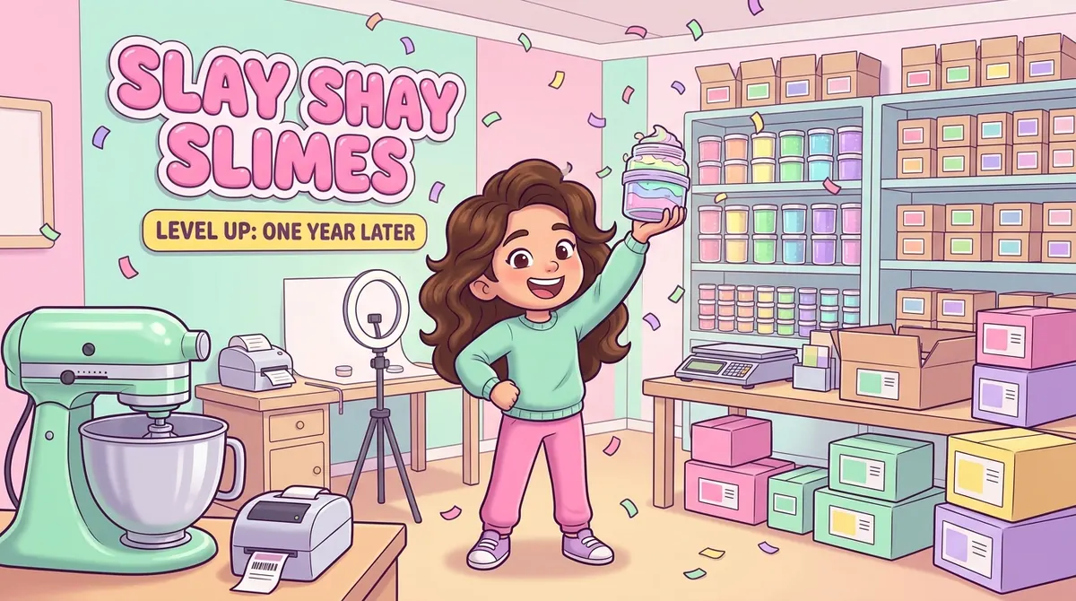 Illustration of a girl celebrating in a slime studio full of jars and boxes, with a sign that says Level Up: One Year Later