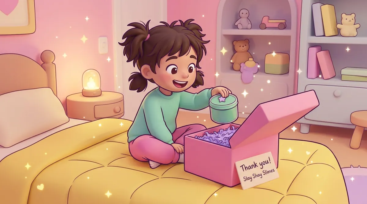 Illustration of a happy customer opening a pink Slay Shay Slimes box with a thank you card